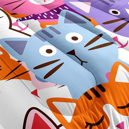 Cat Full Comforter Set for Bedroom - 3Pcs Colorful Cat Comforter Set for Teens Kids Cute Cartoon Cat Bedding Set Ultra Soft Warm Lightweight Kawaii Animal Patterns Comforter with 2 Pillowcases