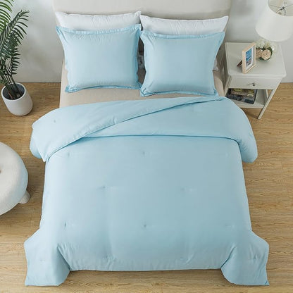 Queen Baby Blue Comforter Set, Solid Lightweight Skin-friendly Boho Bedding Set & Collections, Breathable Fluffy Microfiber 3 PCS (90"x90") Comforter Set for All Seasons with Pillowcases