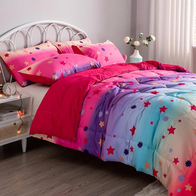 Full Comforter Set for Girls Rainbow Bedding Set 3 Pieces with Multicolor Stars Pink Comforter Set Full Size with Pillowcase for Kids, Teenagers
