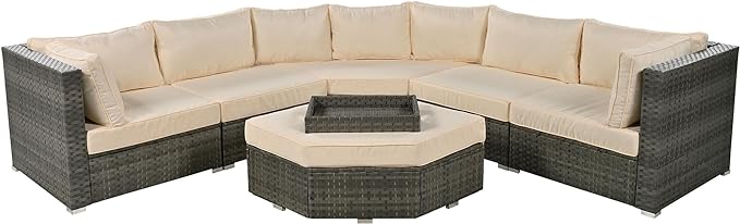 Patio 7-Piece Set, Half-Moon Curved Sectional Sofa Outdoor Rattan Furniture with Ottoman and No-Slip Cushions for Balcony, Porch, Garden, Zc-Beige