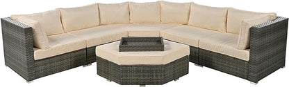 Patio 7-Piece Set, Half-Moon Curved Sectional Sofa Outdoor Rattan Furniture with Ottoman and No-Slip Cushions for Balcony, Porch, Garden, Zc-Beige