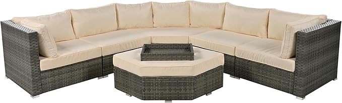 6 Piece Outdoor Patio Furniture Set Conversation Sofa, All Weather Wicker L shaped Sectional Couch with Ottoman, Small Trays and Removable Cushions, for Garden Backyard, Beige