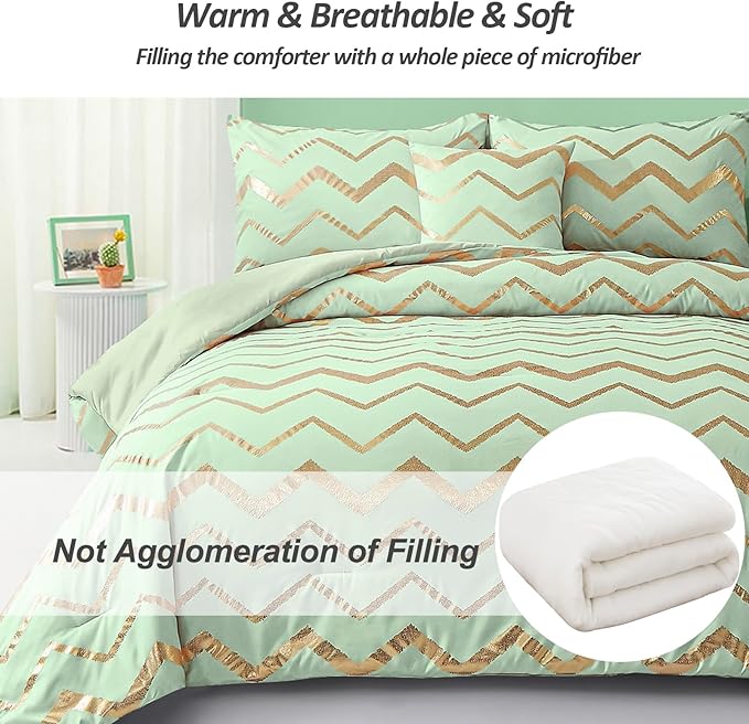 Sage Green/Gold Comforter Set Queen, Metallic Print Glitter Bedding Set Cute Shinny Bed Sets for Teen Girls Kids Women, 4 Piece (2 Pillowcases, 1 Decorative Pillow Sham)