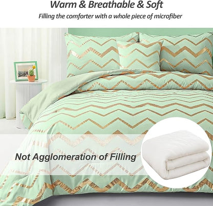 Sage Green/Gold Comforter Set Queen, Metallic Print Glitter Bedding Set Cute Shinny Bed Sets for Teen Girls Kids Women, 4 Piece (2 Pillowcases, 1 Decorative Pillow Sham)