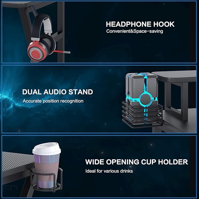 Gaming Desk, Computer Desk with Large Monitor Stand and Open Shelf,Gamer Table Workstation with Cup Holder, Headphone Hook, 2 Speaker Stand for Home Office (Black Carbon Fiber)
