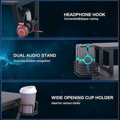 Gaming Desk, Computer Desk with Large Monitor Stand and Open Shelf,Gamer Table Workstation with Cup Holder, Headphone Hook, 2 Speaker Stand for Home Office (Black Carbon Fiber)