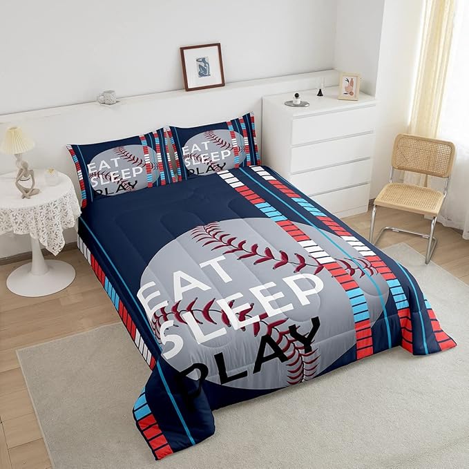 Feelyou Baseball Comforter Set Sports Game Bedding Set for Boys Girls Baseball Gaming Blue Stripe Comforter Gift for Baseball Softball Lover Room Decor Queen Size Quilt Boys
