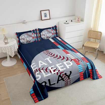 Feelyou Baseball Comforter Set Sports Game Bedding Set for Boys Girls Children Baseball Gaming Blue Stripe Comforter Gift for Baseball Softball Lover Room Decor Twin Size Quilt Set