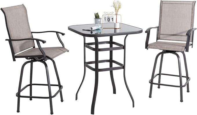 Shintenchi Patio Swivel Bar Set, All Weather Textile Fabric Outdoor High Stool Bistro Set with 2 Bar Chairs and Glass Table for Home, Backyard, Garden, Lawn, Porch (Brown), 3 Pieces