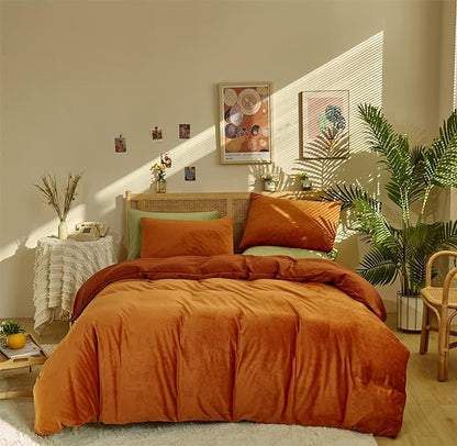 Wellboo Burnt Orange Velvet Comforter Sets California King Women Girls Rust Caramel Fluffy Bedding Comforters Cal King Solid Terracotta Flannel Modern Aesthetic Quilts Warm Plain Reddish Plush Blanket