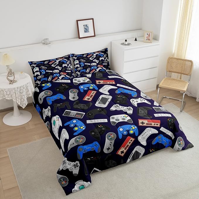 Erosebridal Boys Gamer Comforter Set Queen Size, Modern Game Down Comforter for Kids Teens Children, Video Game Bedding Set,Player Gaming Gamepad Joystick Soft Quilt Duvet Set, Room Decor