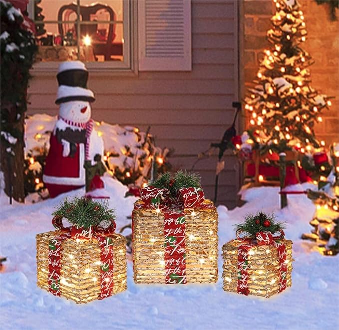[Large 10"x8.5"x7" Christmas Set of 3 Lighted Rattan Gift Boxes Decorations Pre-lit 70 Super-Bright LED with Flashers,for Indoor Outdoor Pathway Holiday Party Home(Warm White)
