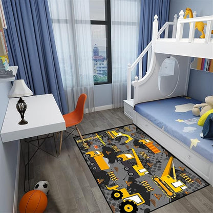 Construction Rugs for Boys Room Play Rug for Cars and Trucks Car Rug Play Mat Kids Rugs for Playroom Car Rug for Boys Room Construction Decor for Boys Room,Grey 5'×7'