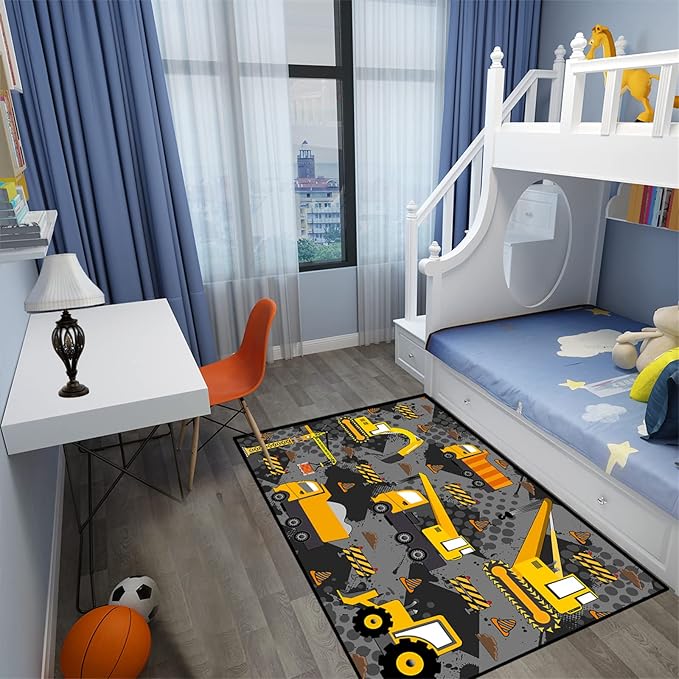 Construction Rugs for Boys Room Play Rug for Cars and Trucks Car Rug Play Mat Kids Rugs for Playroom Car Rug for Boys Room Construction Decor for Boys Room,Grey 4'×5'