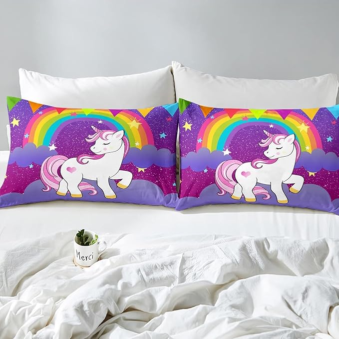 Erosebridal Kids Unicorn Down Comforter Queen Size Girls Comforter Set Cute Unicorn Print Bedding Set Girls Comforter Unicorn Kids Animal Cartoon Bedding Children White Unicorn Duvet Set, Purple