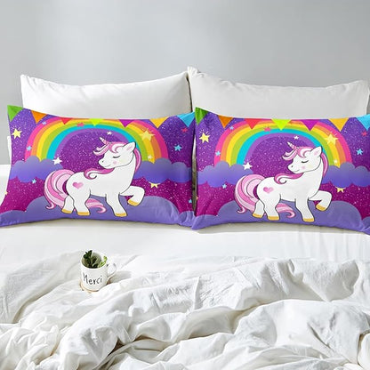 Erosebridal Kids Unicorn Down Comforter Queen Size Girls Comforter Set Cute Unicorn Print Bedding Set Girls Comforter Unicorn Kids Animal Cartoon Bedding Children White Unicorn Duvet Set, Purple