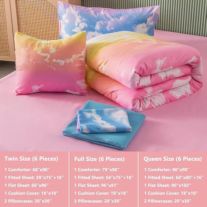 PERFEMET Full Size Bedding Sets for Girls, 6 Pieces Blue Sky and White Cloud Print Comforter Set Bed in A Bag, Rainbow Ombre Bedding Comforter Sets with Sheets (Cloud Pattern, Full)