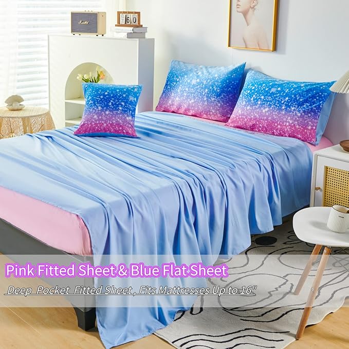 RYNGHIPY 6Pcs Sparkle Gradient Glitter Comforter Sets, Ombre Indigo Pink Gradient Bedding Set for Boys Girls, Rainbow Bed in A Bag Full Size