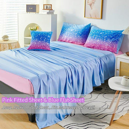 RYNGHIPY 6Pcs Sparkle Gradient Glitter Comforter Sets, Ombre Indigo Pink Gradient Bedding Set for Boys Girls, Rainbow Bed in A Bag Queen Size