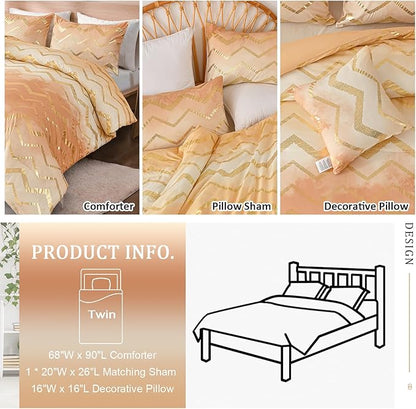 Ombre Beige Comforter Set Twin Size Girls Bedding Soft Microfiber Comforter for Kids Teen Women,3 Pieces (1 Comforter,1 Pillowcase,1 Decorative Pillow Sham)