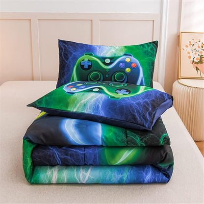 Meeting Story Gamer Gaming Bedding Sets Red Blue Lightnings Gamepad Comforter Set for Boys Games Console Action Buttons Novelty Colorful Modern Room Decor Home Quilt Set (Blue-Green, Queen)