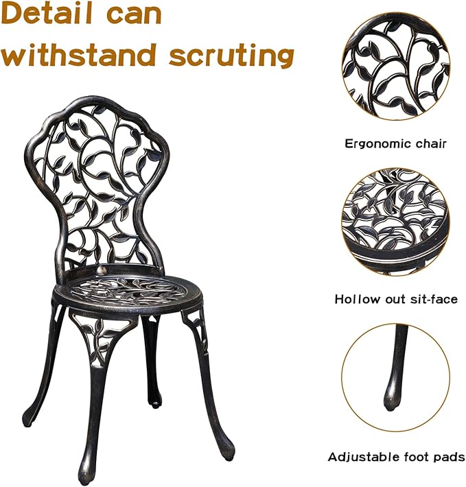 Patio Bistro Set.Rust-Resistant Cast Aluminum Bistro Table Set with Umbrella Hole for Backyard (Leaf DESIGNCOPPER)