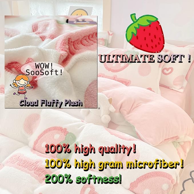 MorroMorn Pink Duvet Cover Queen, Strawberry Bedding Sets, Fluffy Comforter Covers Set, Down Alternative Blanket Ultra Soft Kawaii Cute for Girls Kids Teen Women Full Double Size