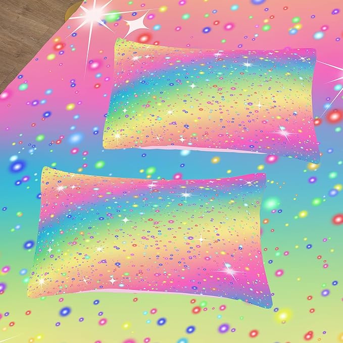Kids Queen Bedding Sets for Girls, Pink Blue Yellow Glitter Pastel Bedding Set for All Season, Colorful Glitter Stars Bedding Set for Kids Teens (Queen, 3 Pieces)