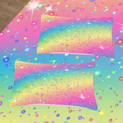 Kids Queen Bedding Sets for Girls, Pink Blue Yellow Glitter Pastel Bedding Set for All Season, Colorful Glitter Stars Bedding Set for Kids Teens (Queen, 3 Pieces)
