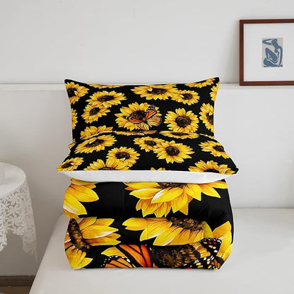 Feelyou Sunflower Bedding Set Girls Yellow Floral Butterfly Comforter Chic Flowers Pattern Comforter Set for Kids Teens Botanical Nature Duvet Set Ultra Soft Room Decor Twin Size