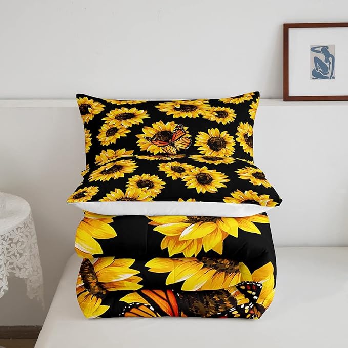 Feelyou Sunflower Bedding Set Girls Yellow Floral Butterfly Comforter Chic Flowers Pattern Comforter Set for Kids Teens Botanical Nature Duvet Set Ultra Soft Room Decor Queen Size…