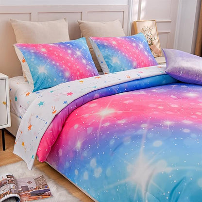A Nice Night 6Pcs Gradient Glitter Bedding Set for Girls, Colorful Rainbow Galaxy Comforter Set, Ultra Soft Bedding Sets (Pink-Blue,Full 6Pcs)
