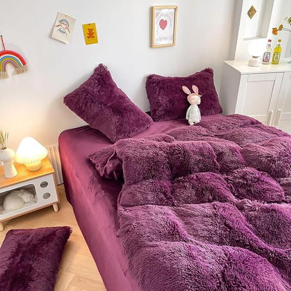 Faux Fur Kids Girls Grape Purple Comforter Sets Queen - 3PC Bed Set Warm Comfortable Soft Plush Flannel Velvet Fluffy Fuzzy Bedding（Comforter x 1 Pillowcases x 2）