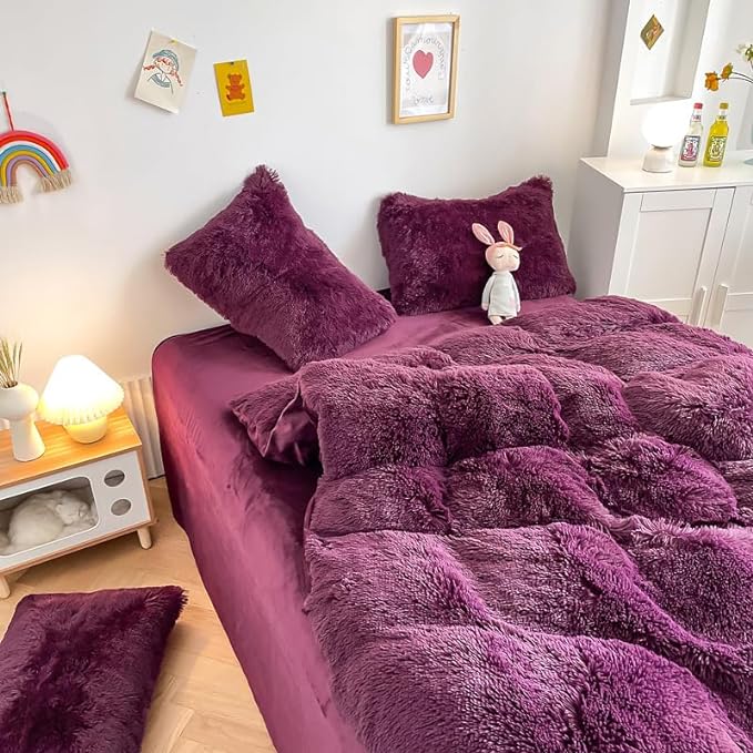 Faux Fur Kids Girls Grape Purple Comforter Sets Twin/Full - 3PC Bed Set Warm Comfortable Soft Plush Flannel Velvet Fluffy Fuzzy Bedding（Comforter x 1 Pillowcases x 2）