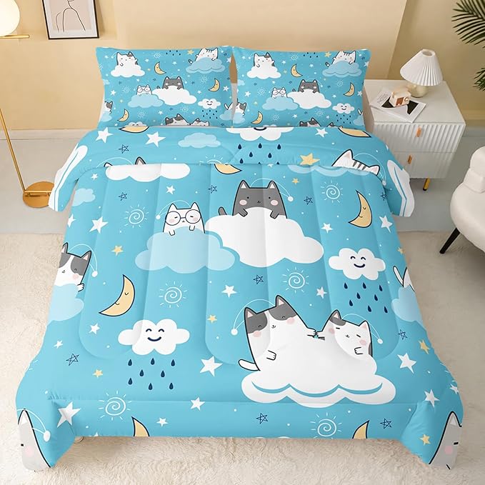 Cat Comforter Twin Size,Blue Cloud Cats Comforter Set for Kids Teens Girls Boys,3Pcs Bedding Set Printed Comforter with 2 Pillowcases,Down Alternative,Soft and Lightweight，Twin Size