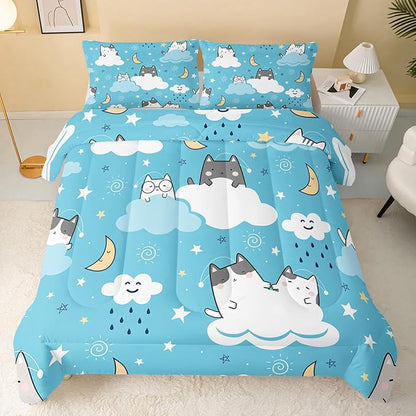Cat Comforter King Size,Blue Cloud Cats Comforter Set for Kids Teens Girls Boys,3Pcs Bedding Set Printed Comforter with 2 Pillowcases,Down Alternative,Soft and Lightweight，King Size