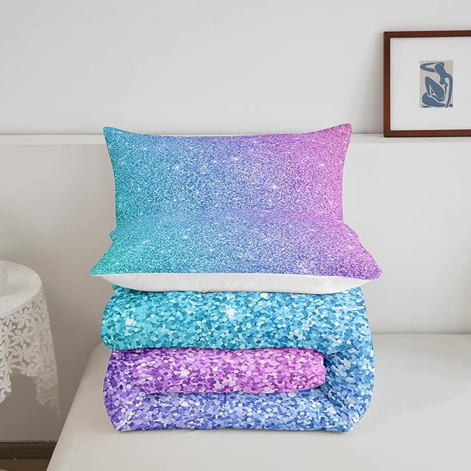 Colorful Glitter Bedding King Girly Turquoise Teal Blue Pink Pastel Girls Comforter Set 3 Pcs Trendy Quilt Duvet for Kid Women Down Comforter with Sparkle Sequin Pattern Bling Bedroom Decor Bed Cover