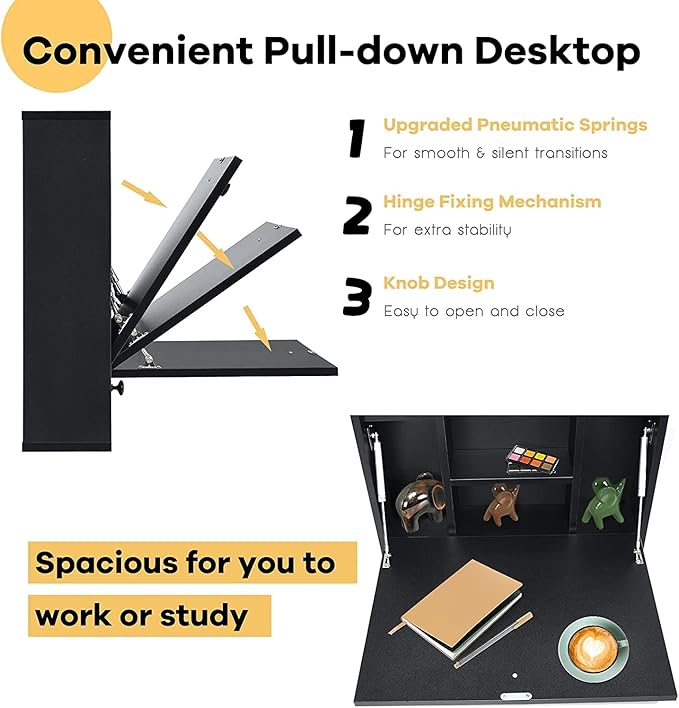 2 in 1 Foldable Tabletop, Folding Wall Mount Laptop Storage Compartments Space Saving Floating Desk, Black