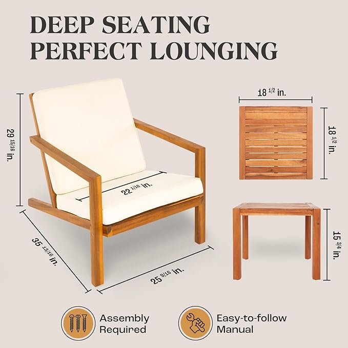Eleve 400lbs Capacity Outdoor Set of 2 with Wooden Side Table, FSC Certified Acacia Wood Patio Furniture Set for Firepit Porch, Large, Slanted Backrest Club Chair