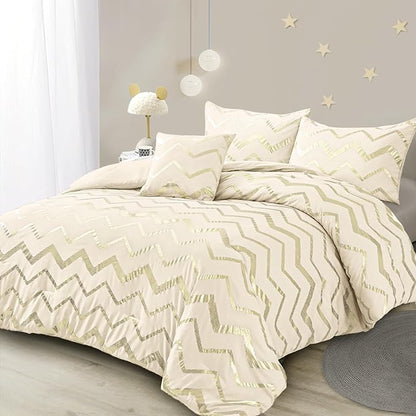 Girls Comforter Set Twin Size Cream Bedding Set Cute Metallic Gold Bed Comforter 3 Piece Lightweight Microfiber Comforter for Kids Teen