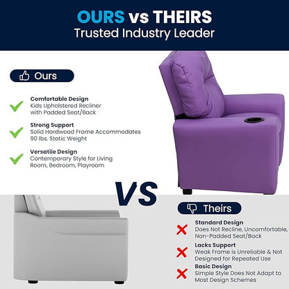 Flash Furniture Chandler Vinyl Kids Recliner with Cup Holder and Safety Recline, Contemporary Reclining Chair for Kids, Supports up to 90 lbs., Lavender