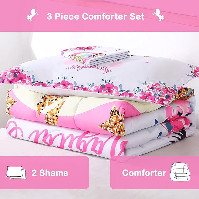 Unicorn Comforter Set 3pc Pink Flower Girl Unicorn Bedding Set for Teen Girls