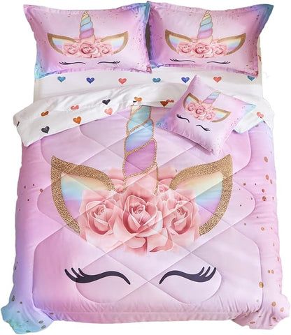 ADASMILE A & S Full Unicorn Comforter Sets for Girls 6 Pieces Pink Floral Unicorn Bedding Set with Colorful Cute Love Heart Sheets Full for Girls Unicorn Bed in a Bag Comforter for Home Decor