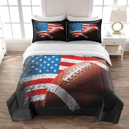 American Football Comforter Set for Boys Teens,Kids Sports Bedding Set Queen Size,USA Flag Football Printed Bedroom Sets with 2 Matching Pillow Shams