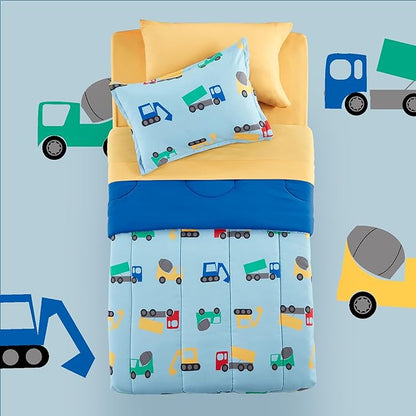 SLEEP ZONE Kids Twin Bedding Comforter Set - Super Cute & Soft Kids Bedding 5 Pieces Set with Comforter, Sheet, Pillowcase & Sham (Construction Truck)
