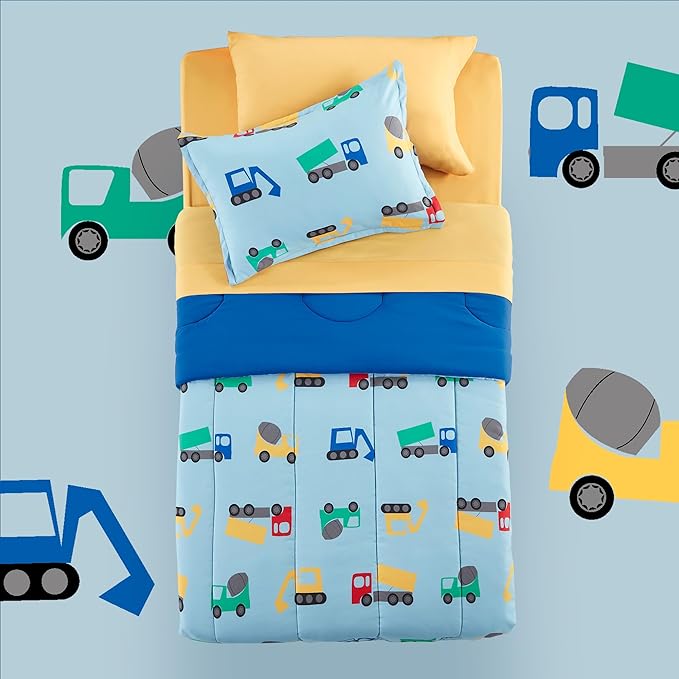 SLEEP ZONE Kids Bedding Comforter Set Full/Queen Size - Super Cute & Soft Kids Bedding 7 Pieces Set with Comforter, Sheet, Pillowcase & Sham (Construction Truck)
