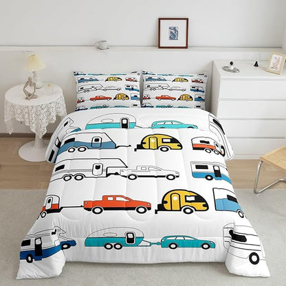 Camper Decor Bedding, Happy Camping Comforter Set Queen, Camping Down Comforter, Rustic Farmhouse Style Quilt Set For Kids Boys Girls, Colorful Camping Car Duvet Set, Soft Warm With 2 Pillow Cases