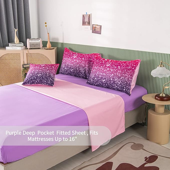 RYNGHIPY 6Pcs Twin Gradient Pink Purple Glitter Comforter Sets for Teens Girls Kids, Colorful Rainbow Glitter Themed Bedding Set