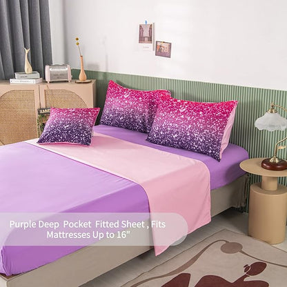 RYNGHIPY 6Pcs Full Gradient Pink Purple Glitter Comforter Sets for Teens Girls Kids, Colorful Rainbow Glitter Themed Bedding Set