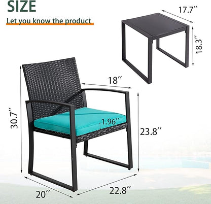 Shintenchi 3 Pieces Outdoor Patio Furniture Set, Modern Wicker Bistro Set, Conversation Rattan Chair of 2 with Coffee Table for Yard Porch Poolside Lawn(Blue Cushion)